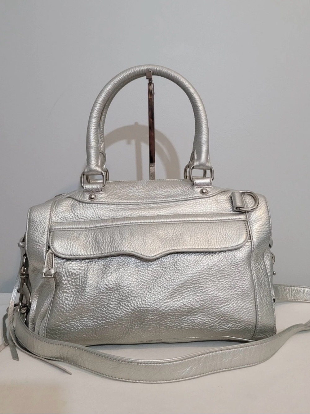 Rebecca Minkoff Metallic Silver Leather Satchel Bag Crossbody Purse